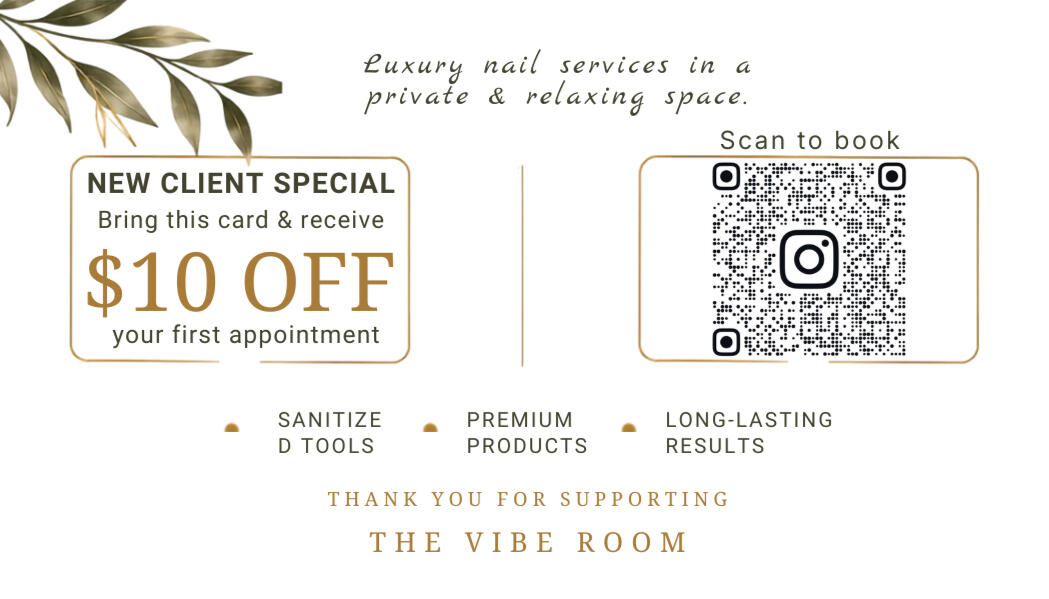 The Vibe Room Nails + Lounge back of business card. The Vibe Room Nails + Lounge back of business card.
