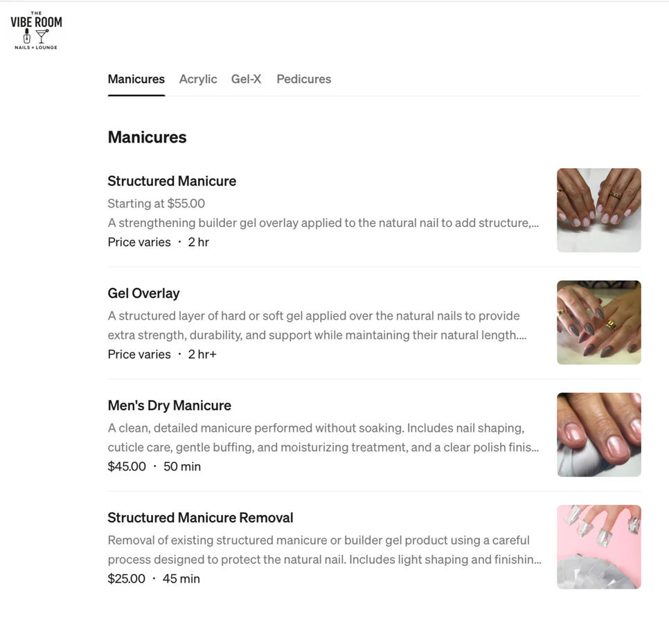 The Vibe Room Nails + Lounge Square booking-page screenshot. The Vibe Room Nails + Lounge Square booking-page screenshot.